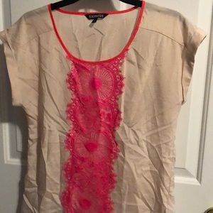 Cream with Hot Pink Lace Silky Dressy Top